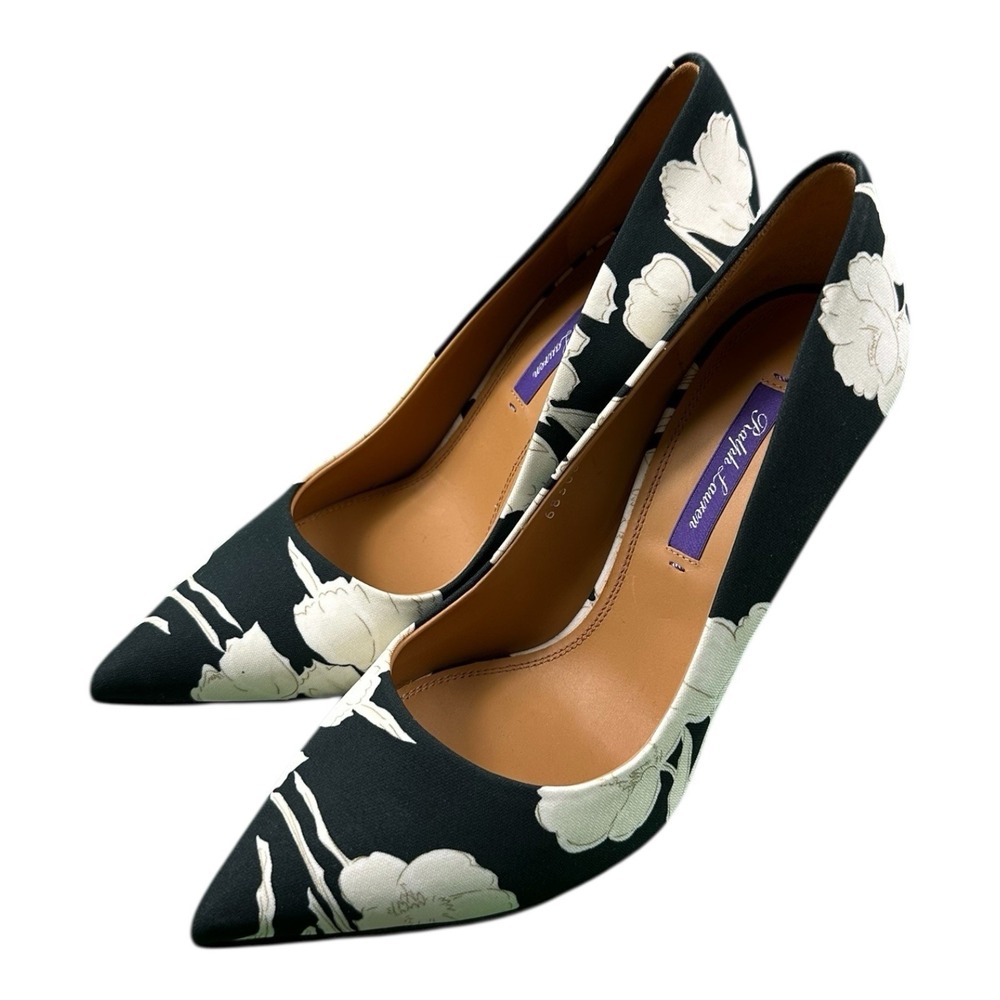Ralph Lauren Purple Label Floral Canvas Pump Heel Black White 38B NEW 683001